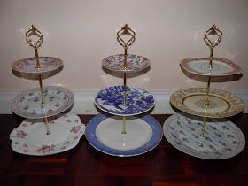 Step 1.  Find an assortment of gorgeous patterned plates in graduated sizes from your local Op shops and Garage sales for only $1!  This ... 3 Tiered Cake, Diy Cake Stand, 3 Tier Cake Stand, 3 Tier Cake, High Tea Party, Dessert Aux Fruits, Tiered Cake, Modern Pinup, Patterned Plates