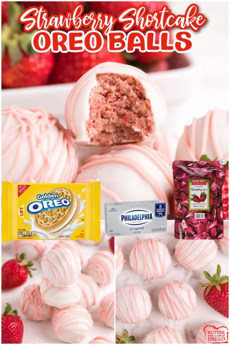 Strawberry Oreo Balls, Strawberry Cheesecake Cake Pops, Strawberry Cheesecake Balls, Strawberry Shortcake Truffles, Strawberry Shortcake Cake Pops, Dessert Ball Recipes, Easy Dessert Gifts, Desert Balls, Oreo Cheesecake Balls