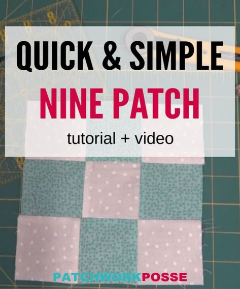 Simple Nine Patch Quilt Block Tutorial and Video - Patchwork Posse-Video-4:44min Quick and simple way to sew up nine patch quilt blocks! Video and tutorial will show you how. There is only one rule for the whole quilt block— it will be the reason it sews together perfectly, so don’t skip this! 1- ALL THE SQUARES NEED TO BE THE SAME SIZE! That’s right. No matter what your finished quilt block is going to be, all the squares will need to be the same size. Quilting Beginners, Simple Apron, 16 Patch Quilt, 4 Patch Quilt, Pinwheel Quilt Block, Disappearing 9 Patch, Disappearing Nine Patch, Fabric Blocks, Apron Tutorial