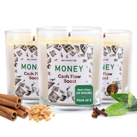 PRICES MAY VARY. 10.5 OZ AROMATHERAPY CANDLES: Embrace prosperity with money candles. Expertly crafted from sustainably sourced sage, clove, cinnamon, nutmeg, myrrh, and citronella, with soothing rain and sage herbs. 42-HOUR BURN TIME: Unwind peacefully with our set of 3 Money Cash Flow Boost candles. The three 3.5 Oz candles promise a calming 42-hour total burn time, ideal for prolonged relaxation. PORTABLE INTENTION-SETTING CANDLE: Experience positive vibrations with the meditation candles. Compact and ideal for on-the-go, take time to sit, ignite and release negative energy for true serenity. CLEANSE THY SOUL: Elevate your vibration and cleanse your space with the cash-money candles to attract positivity and desired outcome through smudging making room for a new intention in mind. GIFT Cash Money Candles, Money Candles, Attract Positivity, Sage Herb, Vision Board Kit, Healing Candles, Money Candle, Sage Candle, 3 Candles