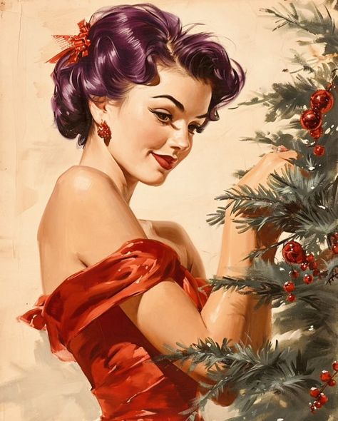 Pin Up Christmas Vintage, Christmas Pin Up Girl Vintage, Vintage Christmas Aesthetic Cartoon, Mistletoe Pose Reference, Christmas Pinup Art, Vintage Christmas Pinup, Aesthetic Christmas Art, Christmas Pin Up Girl, Pin Up Christmas