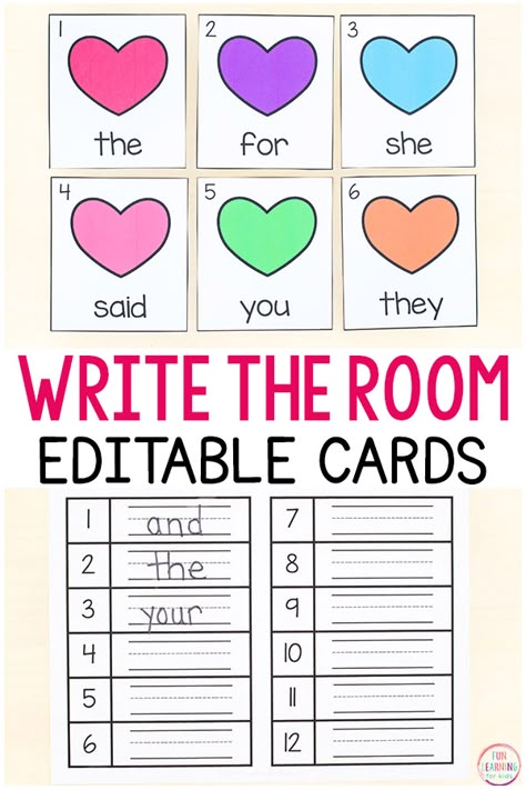 Free printable Valentine's Day write the room activity with editable cards! A fun editable sight word learning activity for kindergarten and first grade literacy centers. #kindergarten #firstgrade #literacycenters First Grade Literacy Centers, First Grade Literacy, Valentines Writing, Kindergarten February, Kindergarten Valentines, Kindergarten Language Arts, Write The Room, Preschool Valentines, Kindergarten Fun