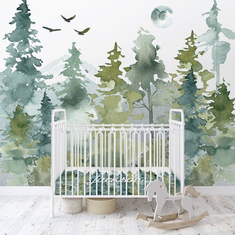 Woodland Wall Mural, Forest Wall Decals, Woodland Wallpaper, Watercolor Woodland, Floral Wall Decals, Woodland Wall, Baby Boy Nursery Decor, Mountain Wallpaper, Forest Wall