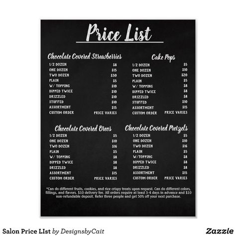 Salon Price LIst Poster https://www.zazzle.com/z/ac1sc7iw #ZazzleMade Sweet Treats Price List, Pop Up Shop Price List Ideas, Bake Sale Price List Template, Candy Apple Price List, Diy Price List Board, Cake Pop Pricing Chart, Bake Sale Pricing Guide, Party Planning Price List, Cake Pops Price List