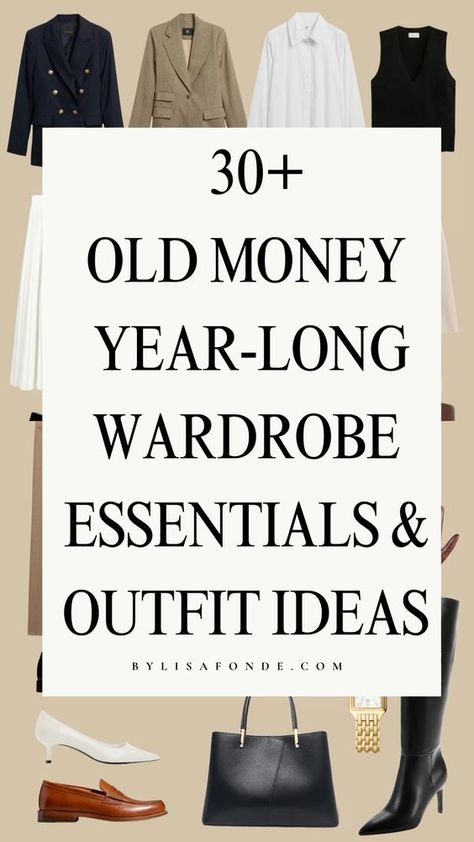 Find the complete guide on how to dress old money style all year long with 30+ wardrobe essentials and classic outfit ideas for all seasons in this article. Old money year-round capsule wardrobe, old money outfit aesthetic, old money wardrobe essentials, old money outfit must-have for spring, summer, fall, and winter. Classy Outfits Capsule, Must Have Outfits For Women List, Elegant Wardrobe Essentials Classy, Old Money Fall Wardrobe, Wardrobe Must Haves Woman, Classy Pants Outfits, Old Money Must Have, Old Money Looks Woman, University Must Haves