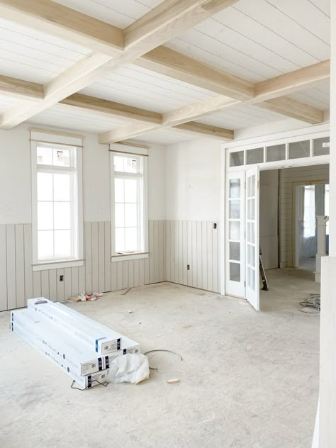 Whitewashed Wood Ceiling With Beams, Beams In Living Room And Kitchen, Shiplap Beam Ceiling, White Shiplap Ceiling With Beams, Cathedral Ceiling Great Room, Shiplap Ceiling With Wood Beams, Shiplap On Ceiling, Shiplap Ceiling With Beams, White Ceiling Beams