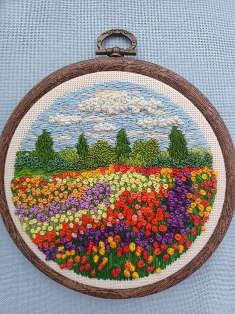 Flower Garden Embroidery Designs, Big Flower Embroidery Pattern, Scenery Embroidery Designs, Flower Field Embroidery, Landscape Embroidery Ideas, Embroidery Landscape Pattern, Garden Embroidery Patterns, Big Embroidery Designs, Embroidery Landscape Easy