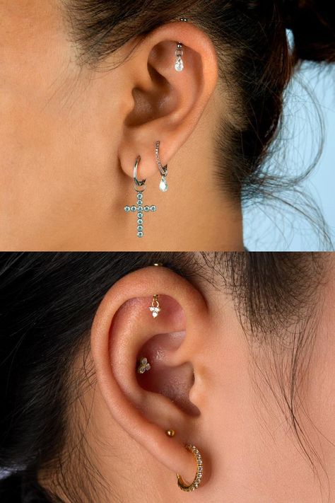 Check out some of our vertical helix jewellery, we have some stunning pieces! ✨ A little hack - if you're tired of your industrial piercing, try swapping out your bar with two vertical helix pieces 🤭 Let us know what you think! Head to our shop website to browse our vertical helix jewellery. Helix Jewelry, Cool Ear Piercings, Pretty Ear Piercings, Shop Website, Daily Wear Jewellery, Labret Piercing, Industrial Piercing, Types Of Piercings, Helix Earrings