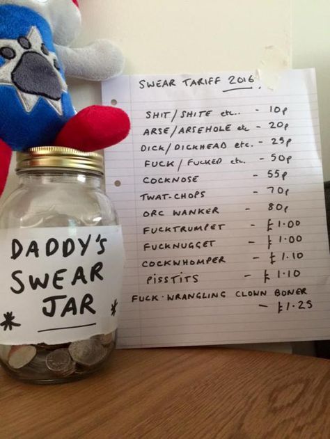 Dad gets given swear jar - he isn't doing too well Swear Jar Ideas, Jar Games, Swear Jar, Swear Words, Swear Word, Jar Ideas, Man Vs, Diy Home Crafts, Decorating Tips