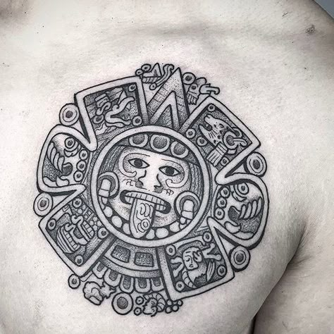 160 Aztec Tattoo Ideas for Men and Women - The Body is a Canvas #aztectattoos #tattooideas Aztec And Mayan Tattoos, Calendario Maya Tattoo, Mexican Chest Tattoo, Azteca Tattoo Mexican, Aztec Neck Tattoo, Aztec Sun Tattoo, Maya Tattoo, Aztec Warrior Tattoo, Aztec Tattoos Sleeve