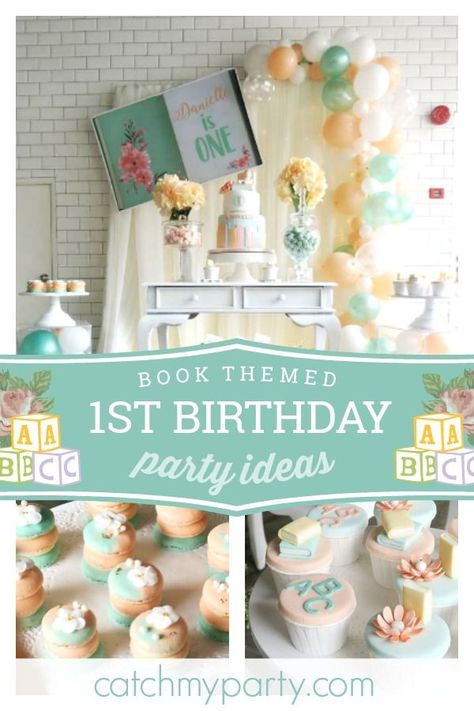 Take a look at this gorgeous book themed 1st birthday party! The cupcakes are adorable! See more party ideas and share yours at CatchMyparty.com #catchmyparty #partyideas #books #girlbirthdayparty Books Theme Party Decorations, Books Theme Birthday Party, Books First Birthday Party, Story Book 1st Birthday, Storybook Birthday Party Ideas, Clever First Birthday Theme, Book Theme 1st Birthday Party, Storybook Theme Birthday Party, Book Themed First Birthday Girl