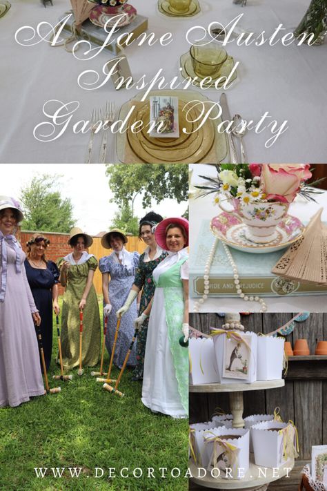 A Jane Austen Inspired Garden Party Victorian Era Birthday Party, Regency Era Party Ideas, Jane Austen Decorations, 1800 Themed Party, Jane Austen Dinner Party, Jane Austen Party Games, Jane Austin Party Ideas, Regency Bachelorette Party, Pride And Prejudice Tea Party Ideas