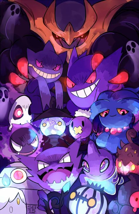 Ghost type gang! Pokemon Fantasma, Pokemon Mignon, Giratina Pokemon, Pokemon Flareon, Dark Pokémon, Ghost Type Pokemon, Pokemon Halloween, Ghost Pokemon, Pokemon Blue