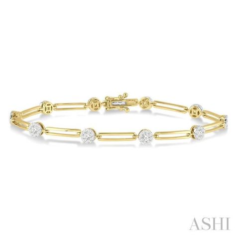 There's no better way to express your love than with a gift of a diamond, and the Lovebright Collection would be the ideal choice. Show her appreciation with this gorgeous bracelet, which features 10 two-tone yellow and white gold circular mounts, joined by elongated links and completed by an open box clasp. Each circular mount has a yellow gold base and white gold top, with the latter decorated by a total of 90 invisible set round cut diamonds, 1 each at the center and 8 diamonds encircling it. The bracelet is framed in 14 karat yellow and white gold. Total diamond weight is 1 1/5 ctw. # of Diamonds (Appx.): 90 Diamond Shape: round Diamond Ct Wt (Appx.): 1.19 Ct Diamond Color: I - J Diamond Clarity: SI2 - I1 Diamond Link Bracelet, Box Clasp, Gold Top, Tennis Bracelet Diamond, Gorgeous Bracelet, Diamond Fashion, Open Box, Diamond Clarity, Round Cut Diamond