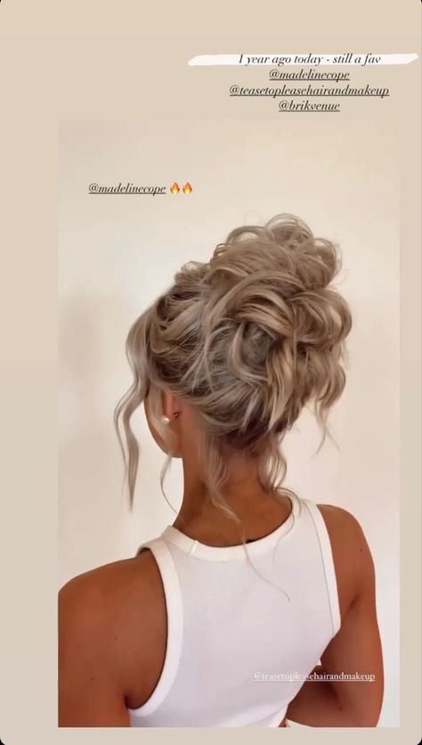 Instagram @styledby_kayla Messy Buns Bridesmaid, Updo Hairstyles For Going Out, Formal Hair Styling, Updo Bun Bridesmaid, Romantic French Twist Updo, High Updo Prom Hairstyles, Bridesmaid Blonde Hairstyles, Bun Updos For Wedding, Summer Hairstyles Wedding