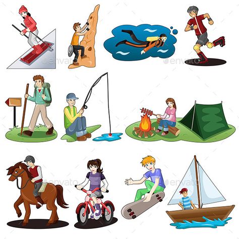 A vector illustration of active people doing outdoor activitiesA vector illustration of active people doing outdoor activities Surf Logo, Kids Outdoor Play, Lotus Pose, Outdoor Activities For Kids, Camping Theme, Recreational Activities, Leisure Activities, Cartoon Images, Stick Figures