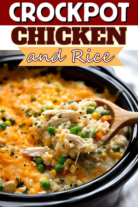 Looking for an easy dinner? This Crockpot chicken and rice can't be topped! It's creamy, hearty, satisfying, and comes together in a snap! Low Ingredient Chicken Crockpot Recipes, 3 Hour Chicken Crockpot Recipes, One Pot Crockpot Meals Chicken, Crockpot Rice A Roni And Chicken, Chicken Gravy Rice Crockpot, Best Chicken Crockpot Meals, Chicken And Pepper Recipes Crock Pots, Crockpot Recipes With Shredded Chicken, Crockpot Recipes Using Leftover Rotisserie Chicken