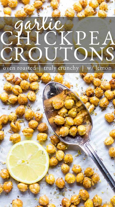 Chickpea Croutons, Garlic Chickpeas, Croutons Recipe, Chickpea Recipes Roasted, Vegetarian Brunch, Food Sides, Chickpea Snacks, Crouton Recipes, Crunchy Chickpeas