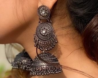 Luxury Silver Bollywood Style Jhumkas, Oxidized Jewellery, Oxidized Earrings, Oxidised Silver Jewelry, Traditional Earrings, Pakistani Jewelry, Indian Earrings, Ethnic Earrings, Jhumka Earrings