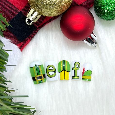 Elf Nails Christmas, Buddy The Elf Nails, Christmas Nails Characters, Christmas Story Nails, Character Christmas Nails, Elf Nails Designs, Elf Christmas Nails, Cartoon Christmas Nails, Christmas Movie Nails