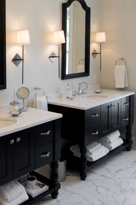 Dark Bathroom Cabinets, Cabinets With White Countertops, Tower Cabinet, Black Cabinets Bathroom, Dark Bathroom, Marble Bathroom Floor, Wood Bathroom Cabinets, Dark Wood Bathroom, White Mosaic Tiles