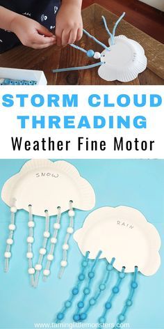 Cloud Fine Motor Activities, Storm Cloud Threading, Threading Ideas For Preschool, Cloud Projects For Preschoolers, Threading Preschool Activities, Cloud Kindergarten Activities, Weather Craft Kindergarten, Weather Fine Motor Preschool, Weather Fine Motor Activities For Toddlers