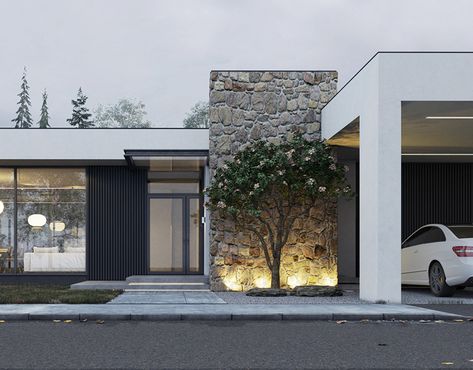 Forest House on Behance Modern Bungalow Exterior, Case In Pietra, Modern Residential Architecture, Bungalow Exterior, Casa Country, Modern Bungalow House, Modern Exterior House Designs, Modern Bungalow, House Outside Design