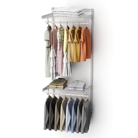 PRICES MAY VARY. Wider Mesh Design: Unlike typical closet systems on the market, our closet shelves feature wider iron meshes. This upgrade not only increases storage capacity but also enhances stability, making it more suitable for hanging clothes of various shoulder widths. Weight Capacity: Rigorously tested, our wall-mounted closet shelves can support up to 22 lbs on the iron mesh, while the extendable hanging rods can hold up to 66 lbs. This robust capacity ensures reliable storage for every Closet Rod Ideas Hanging Clothes, Small Closet Systems, Closet Shelving System, Wall Mounted Closet, Aluminum Shelves, Maximize Small Space, Closet Kits, Bedroom Laundry, Reach In Closet