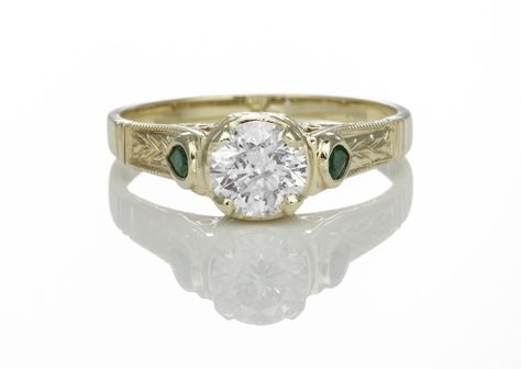 Diamond Engagement Ring with Emerald Accents - JunikerJewelry.com - Madison, MS Engagement Rings Victorian, Diamond Engagement Ring With Emerald, Antique Engagement Rings Victorian, Engagement Ring With Emerald, Set Engagement Rings, Fancy Yellow Diamond Ring, Ring With Emerald, Engagement Ring Mountings, Filigree Engagement Ring