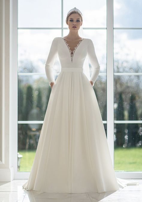 Long Sleeve Satin Wedding Dress, Elegant Long Sleeve Wedding Dresses, Summer Ceremony, Simple Elegant Wedding Dress, Bohemian Gown, Ivory Bride, Minimal Wedding Dress, Wedding Dress A Line, Neck Wedding Dress