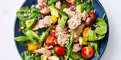 Avocado Tuna Spinach Salad Recipe | EatingWell Spinach Salad With Tuna, Spinach Tuna Salad, Tuna Avocado Salad, Tuna Spinach, Spring Dinners, Packable Lunches, Packable Lunch, Chickpea Tuna Salad, Avocado Tuna