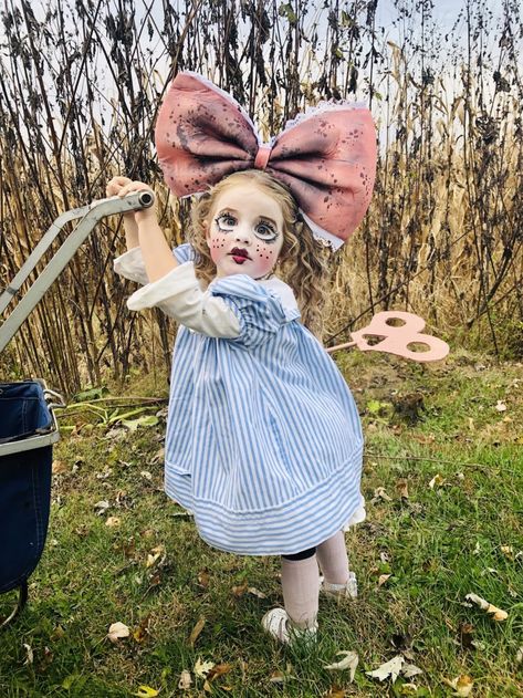 Toddler Doll Costume, Diy Windup Doll Costume, Rag Doll Halloween Costumes, Diy Wind Up Doll Costume, Wind Up Doll Makeup, Scary Doll Costume For Kids, Scary Kid Costumes, Wind Up Doll Costume Kids, Creepy Doll Costume For Kids