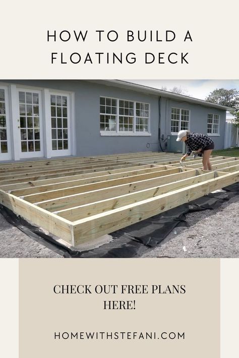 I'm sharing free plans on how to build a floating deck! Check it out here! Ground Level Deck Plans, Build A Floating Deck, Floating Deck Plans, Free Deck Plans, Ground Level Deck, Building A Floating Deck, Deck Framing, Floating Deck, Back Deck Decorating