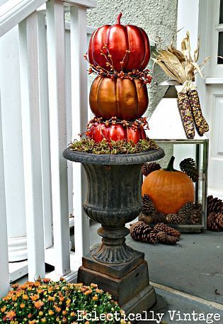 Welcome Fall! The Best Makeover for a $1 Plastic Pumpkin, Simple Pump… :: Hometalk Fall Urns For Front Porch, Plastic Pumpkins Makeover, Fall Urns, Topiary Ideas, Thanksgiving Decorations Diy Table, Thanksgiving Decorations Outdoor, Fall Front Porch Ideas, Pumpkin Topiary, Thrifty Thursday