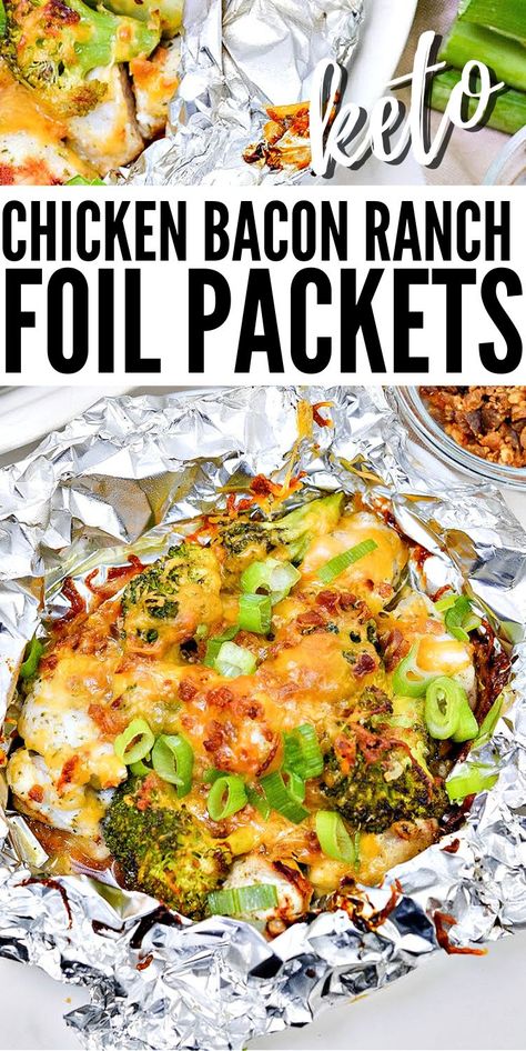 Keto Chicken Bacon Ranch Foil Packets - Enjoy the popular combination of chicken, bacon, and ranch, without the mess! These easy chicken foil packets can easily be made in the air fryer, on the grill or the oven in just 20 minutes. #keto #ketodiet #ketorecipes #Ketofoilpackets #ketochickenbaconranch #foilpackets #hobomeal #dinner #summerrecipes #grilling #airfryer chicken #food #recipes Healthy Foil Packet Meals Low Carb, Chicken Foil Packets Air Fryer, Foil Packs In The Oven, Chicken Potato Foil Packets, Low Carb Foil Packets For The Oven, Air Fryer Hobo Packets, Air Fryer Foil Packets, Grilled Chicken Foil Packets, Foil Chicken Packets Oven