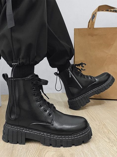 Boot Styles For Men, Mens Black Combat Boots, Boots For Men Aesthetic, How To Style Boots Men, Mens Goth Boots, Black Platform Boots Men, Black Boots Men Outfit Aesthetic, Grunge Boots Men, Emo Boots Men