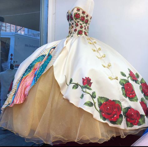 Multi Colored Quinceanera Dresses, Virgen Mary Quince Dress, Charo Dress For 15, Embroidery Quinceanera Dresses, Mexico Quinceanera Dresses, Mexican Dresses Quinceanera, Chorro Quince Dresses, Virgencita Quince Dress, Vaquera Quinceanera Dress