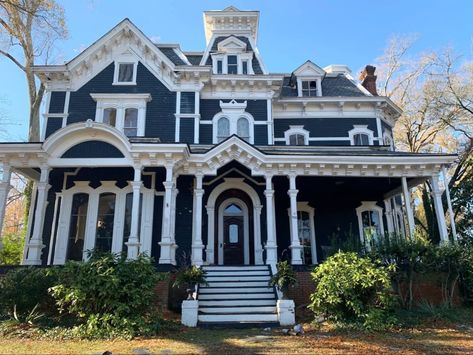 Blue victorian house Haunted Victorian House, Blue Victorian House, White Victorian House, Claremont House, Victorian Country House, Pierce Dollhouse, Nashville House, Interesting Houses, Painted Houses