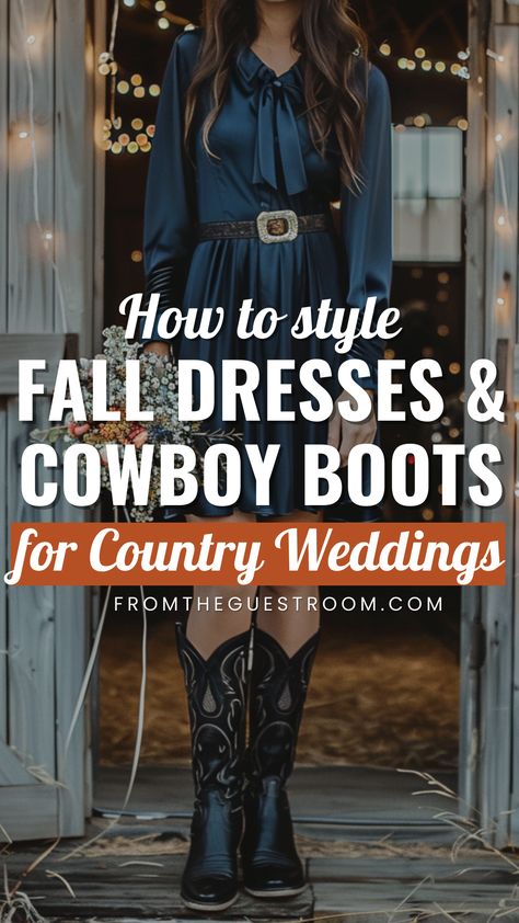 a woman wears fall dress and cowboy boots for country wedding, western outfits Satin Slip Dress With Cowboy Boots, Cowboy Casual Wedding Attire, Cowboy Boots And Maxi Dress, Womens Dress With Boots, Outfits With Tall Cowgirl Boots, Western Dresses Wedding Guest, Dressed Up Cowgirl, Dresses And Tall Boots, Country Wedding Dresses Guest Cowboy Boots