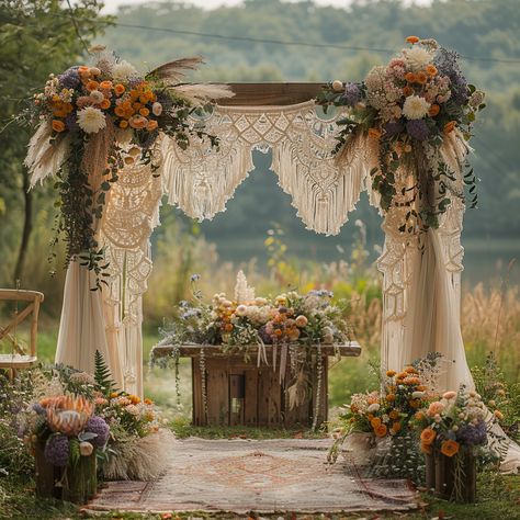 Boho Decor Wedding Inspiration, Boho Pallet Backdrop, Dreamcatcher Wedding Backdrop, Rustic Bohemian Wedding Centerpieces, Macrame Alter Wedding, Bohemian Wedding Aesthetic, Boho Wedding Arbor Ideas, Wedding Arch Wooden, Cheap Boho Wedding Ideas