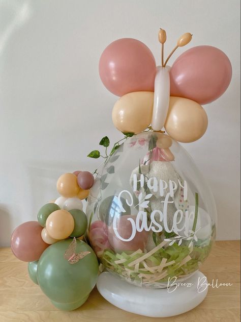 Birthday Stuffed Balloons, Easter Bobo Balloon Ideas, Easter Stuffed Balloons, Easter Balloon Bouquet, Stuffed Balloons Ideas, Easter Balloon Decor, Balloon Decorations Diy Tutorials, Easter Balloons, Balloon Flower Decorations