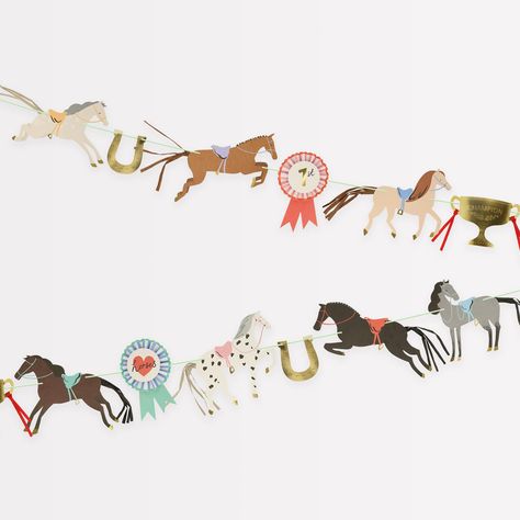 PRICES MAY VARY. 12 PENNANTS. 12 Pennants with shiny gold foil. PINWHEEL ROSETTES. Hook the pinwheel rosettes onto the garland. RAFFIA TAILS. The horses have delightful raffia tails. RIBBONS. Red grosgrain ribbon is knotted onto the champion cup. MINT CORD. The cord complements beautifully with the garland. This gorgeous garland will make your guests gallop with glee! The combination of horses, shiny foil horseshoes, a champion cup and colorful rosettes will look perfect on the party table or on Horse Garland, Horse Birthday Party Decorations, Rodeo Party, Horse Birthday Parties, Party Girlande, Horses Theme, Party Streamers, Horse Party, Horse Birthday