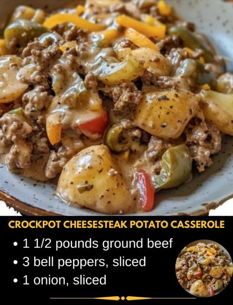 Crockpot Cheesesteak Potato Casserole Delish Crockpot Recipes, Cheap Recipes For Dinner Families, Quick Rainy Day Dinner Ideas, Crockpot Cheesesteak Potato Casserole, Kid Approved Crockpot Meals, Quick And Easy Dinner Recipes For Family Cheap, Crockpot Cheesesteak, Cheap Crockpot Recipes, Pork Chop Supreme Recipe