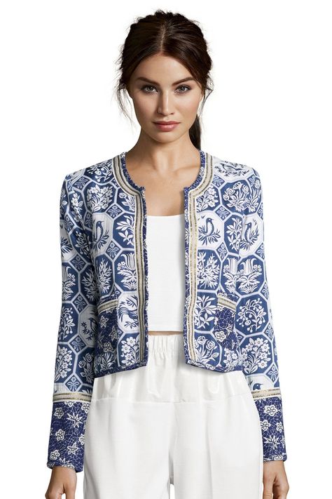 Boutique Evie Bird Brocade Gold Trim 2 Pocket Jacket at boohoo.com Blue Patterns, Batik Fashion, China Blue, Mode Boho, Pocket Jacket, Blazer Outfits, Jacket Pattern, Jacket Design, Mode Inspiration