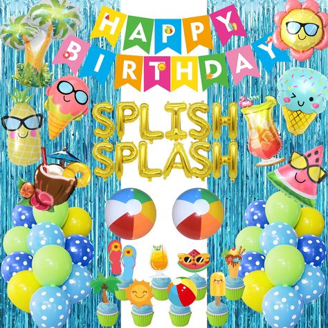 PRICES MAY VARY. Valuable Summer Birthday Decorations: The valuable package to meet your needs for the splish splash birthday bash party supplies. 63pcs- Include 1pcs ''SPLISH SPLASH'' foil balloons, 29pcs 12''deep blue dot/light blue dot/light green/yellow balloons, 1pcs happy birthday banner, 2pcs light blue rain curtain,16pcs summer theme cake toppers, 8pcs summer pool theme foil balloons, 2pcs beach ball balloons, 4pcs balloon installation tool(balloons arch strip, glue points, ribbons, tyin Splish Splash Birthday Bash, Splish Splash Birthday Party, Splish Splash Party, Ball Theme Party, Hawaii Party Decorations, Ice Cream Party Theme, Splash Party, Beach Birthday Party, Beach Party Decorations