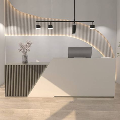 Brayden Studio® Braasch Rectangular Laminate Reception Desk with Filing Cabinet | Wayfair Medical Office Reception Desk, Laminate Showroom, Cabinet Laminate, Luxury Reception Desks, Laminate Reception Desk, Doctor Office Design, Custom Reception Desk, Cabinet Gray, Modern Reception Desk