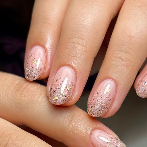 Glitter On Top Of Nails, Nails Pink Gold Glitter, Fading Glitter Nails, Sheer Gel Nails With Design, Glitter Tipped Gel Nails, Summer Gel Extension Nails, Almond Bridesmaid Nails, Biab Ombre Nails, Pink Nails Biab