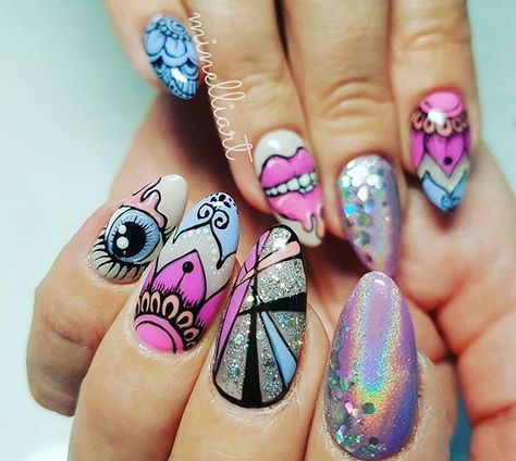 Nail Cute, Pop Art Nails, Funky Nail Art, Happy Nails, Exotic Nails, Crazy Nails, Nail Style, Cute Nail, Nails Only