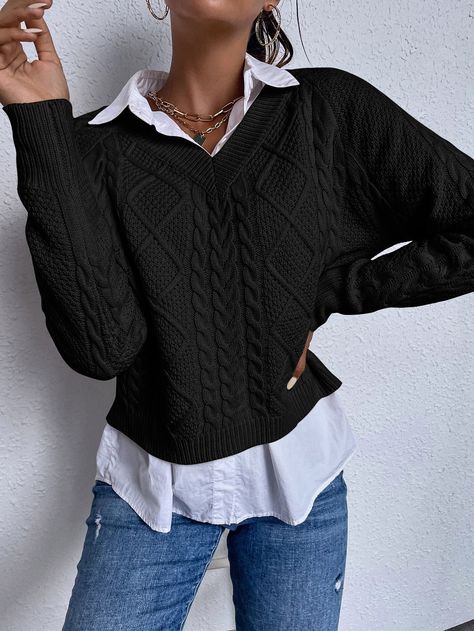 Long Sleeve Outfit Women, Raglan Sleeve Sweater, Women Sweaters, Black Sweater, Black Knit, Knitwear Women, Black Casual, Sleeve Sweater, Raglan Sleeve