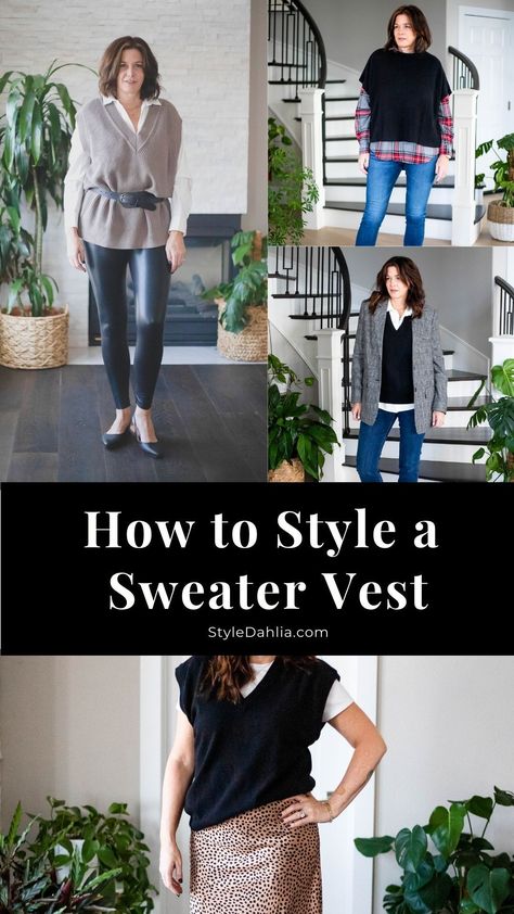 7 ways to style a sweater vest. #styledahlia #sweatervest #fallstyle #falltrends #casualstyle #over50style How To Style A Sweater Vest Plus Size, Ways To Wear Sweater Vest, How To Wear A Sweater Vest, Ways To Style A Sweater, Style A Sweater Vest, How To Style A Sweater Vest, November Outfits, Burgundy Vest, Midlife Fashion